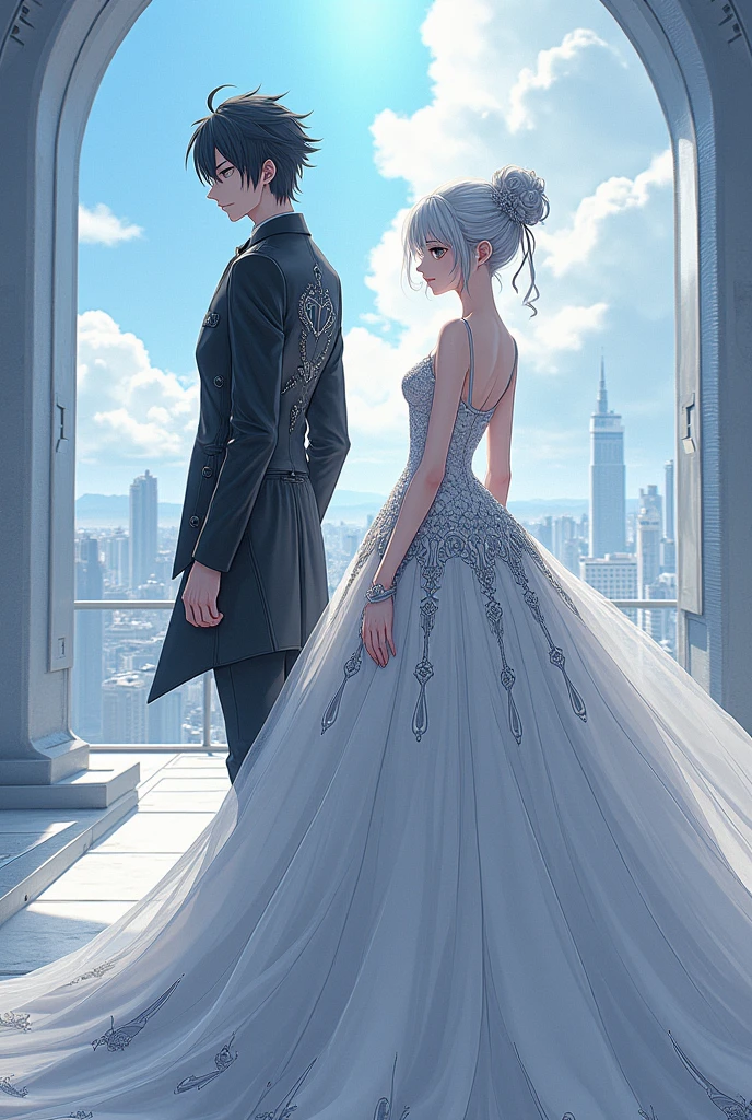 Create the characters Sanakan and Cibo from Blame! The manga has the couple wearing wedding dresses. The male has black hair and the female has silver hair in a sci-fi theme.
