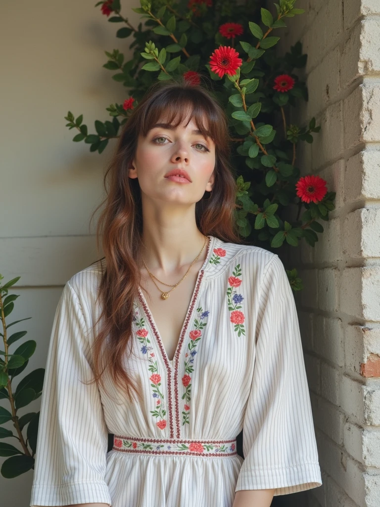 A woman solo in a  dress. Summer, nostalgic, simple and beautiful color scheme, flat color, flowers, chic, red flowers, brown hair, 90s