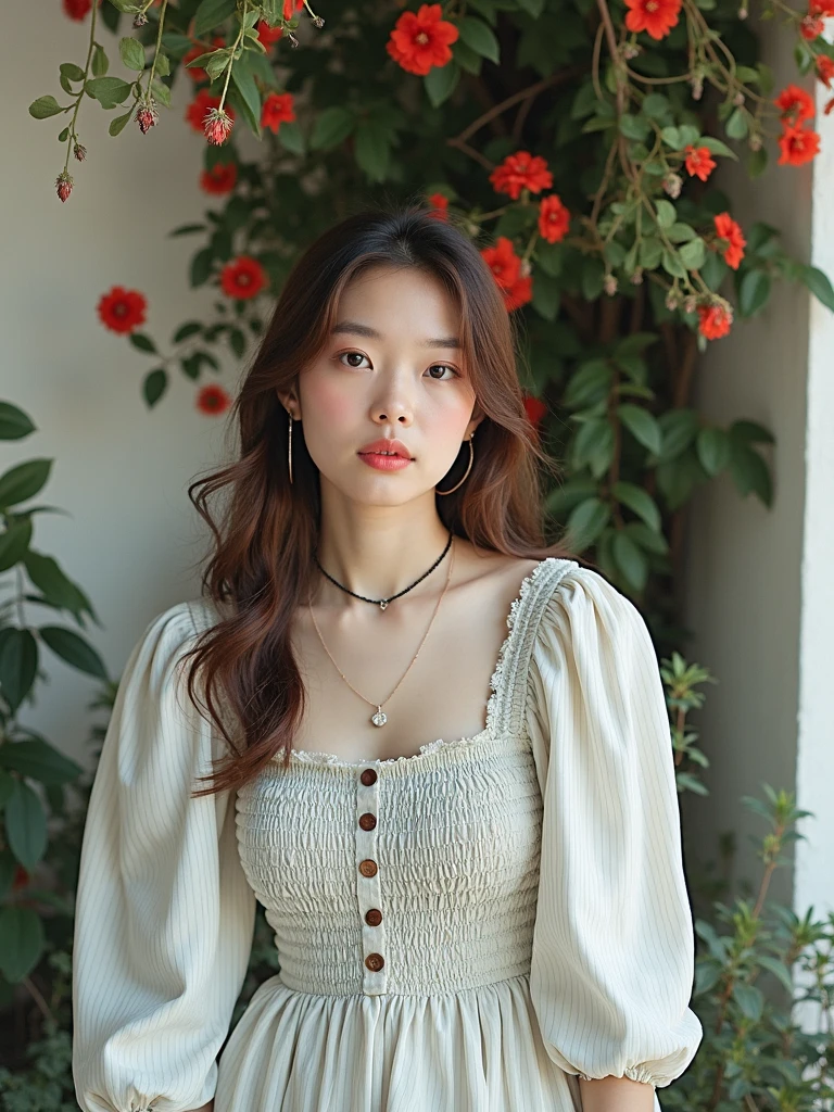 A woman solo in a dress. Summer, nostalgic, simple and beautiful color scheme, flat color, flowers, chic, red flowers, brown hair, 90s