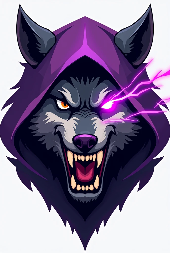 A logo of an angry wolf&#39;s face, that the left front part of the face is covered by a purple hood and that purple rays are projected from its right eye, but the wolf is animated and below the logo it says MANANTIAL 