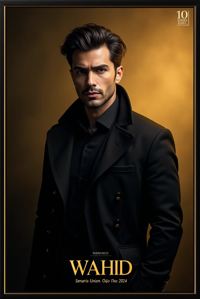 Poster of one handsome man with coat. Color the background with black and gold. Write on that showcase SENARIOUNION 31 Ogos 2024. Write his name Wahid