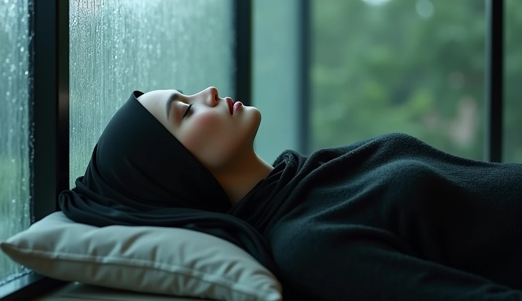 Beautiful woman sleeps, night rain in the glass room, black hijab woman sleeping rain glass window