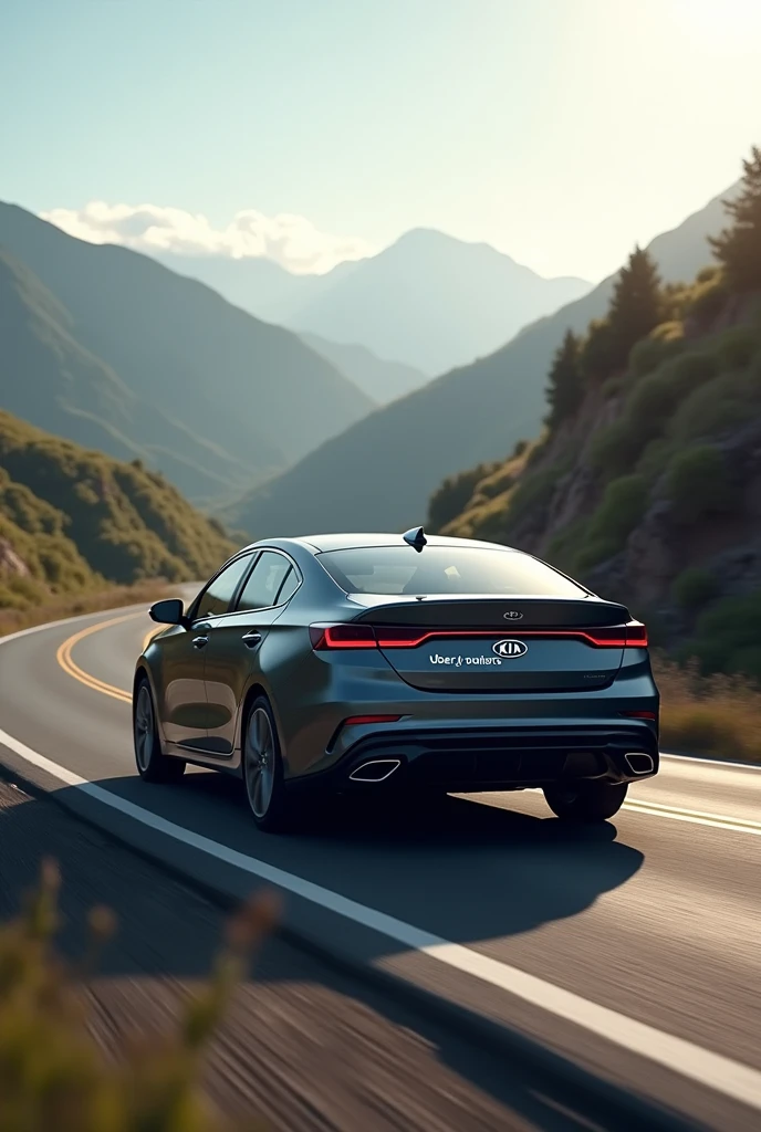 Dark gray Kia Forte car from 2019 with a road landscape that says Uber Junior&#39;s
