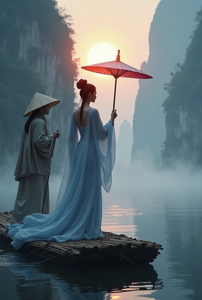 Misty，Sunset through the fog，Aerial long-distance photography，A woman wearing Chinese Hanfu and holding an umbrella stands in front of a bamboo raft，A man wearing a bamboo hat and a straw raincoat stands behind a bamboo raft，Man holding bamboo raft paddle，The boat sails towards the sun，There are stone cliffs on both sides，Like a Chinese landscape painting, like a fairyland, like the mountains of Zhangjiajie，Maximum resolution，All the details can be seen clearly，Cinematic color grading
