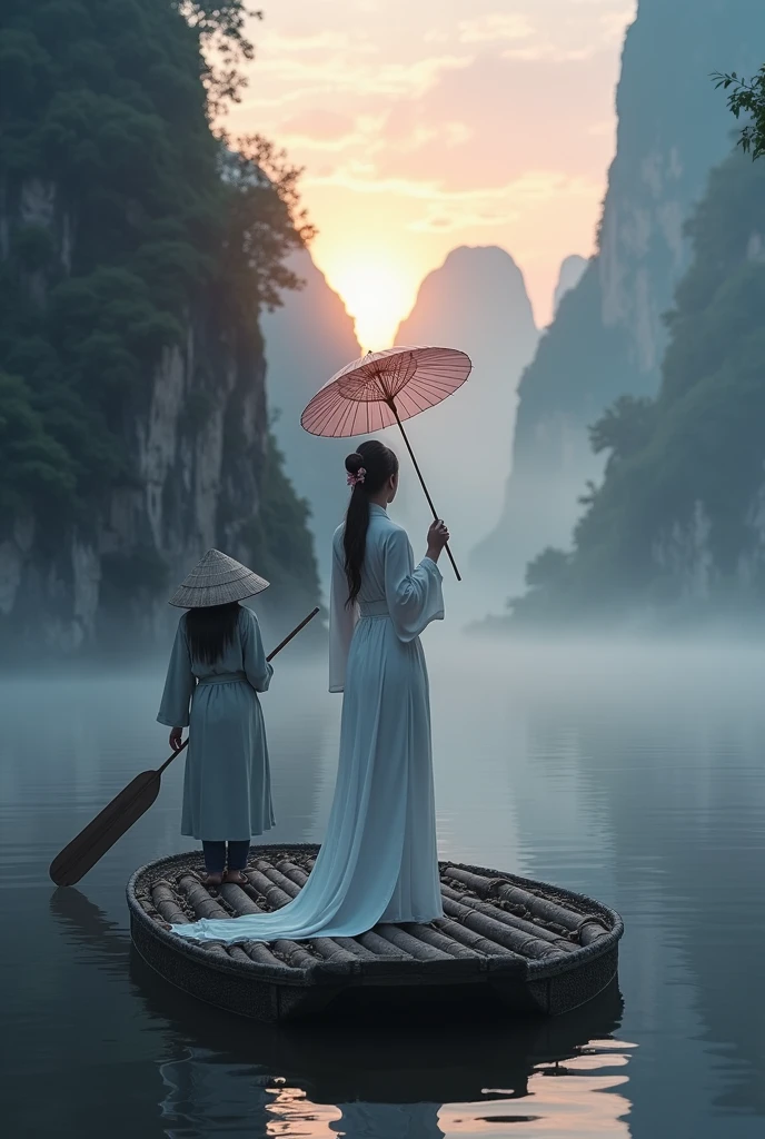 Misty,Sunset through the fog,Aerial long-distance photography,A woman wearing Chinese Hanfu and holding an umbrella stands in front of a bamboo raft,A man wearing a bamboo hat and a straw raincoat stands behind a bamboo raft,Man holding bamboo raft paddle,The boat sails towards the sun,There are stone cliffs on both sides,Like a Chinese landscape painting, like a fairyland, like the mountains of Zhangjiajie,Maximum resolution,All the details can be seen clearly,Cinematic color grading