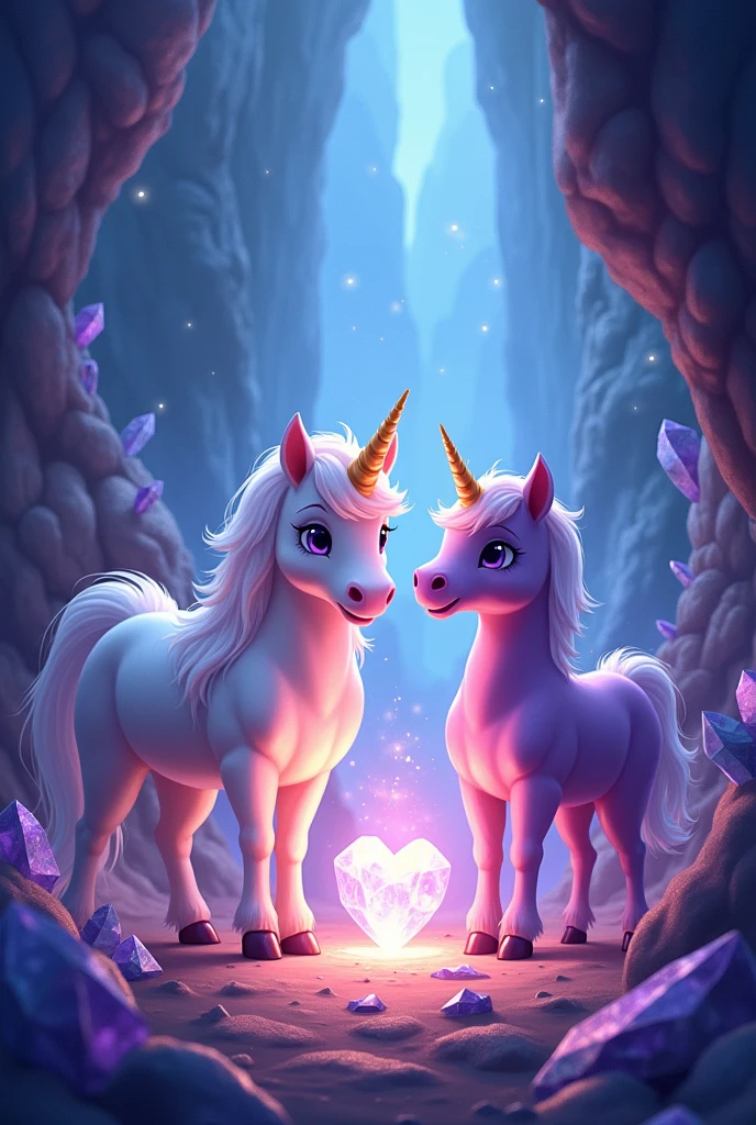 Create an image for story book title is The Adventure of Sparkle the Unicorn


 Chapter 4: The Crystal Cave

 This must be it!" Twinkle said, her voice echoing in the cave.

Sparkle trotted over to the chest and gently opened it with her golden horn. Inside, they found not gold or jewels, but a single, glowing crystal shaped like a heart. 
Both are unicorn 
