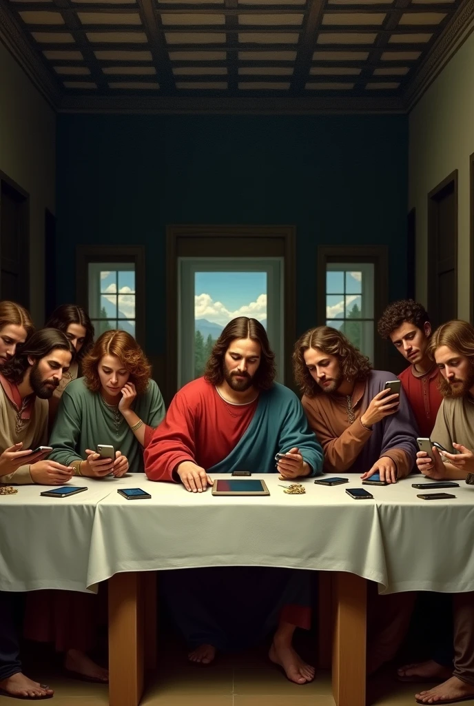 The painting "the last supper" but everyone at the table is using a cell phone