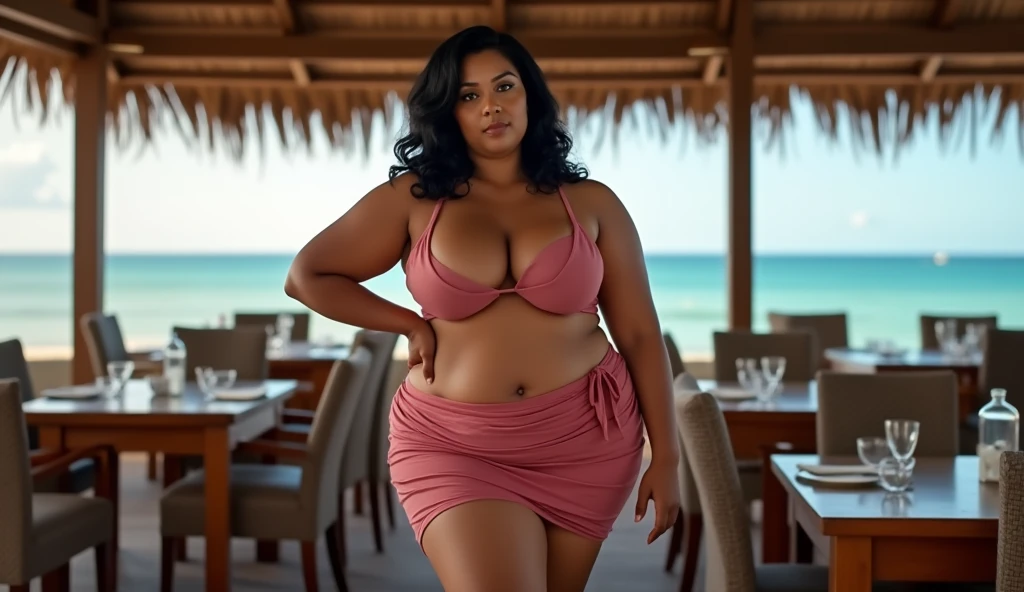 woman in a short skirt is in a restaurant on the beach, attractive woman, black hair, curvy, hot chubby, voluminous body, cleavage, big breasts, approximately 60 years old, older mature woman, front image, looking for camera, posing, ass big, sex with beautiful woman, stunning, sex with natural mature woman, medium size plus size, older woman, 6