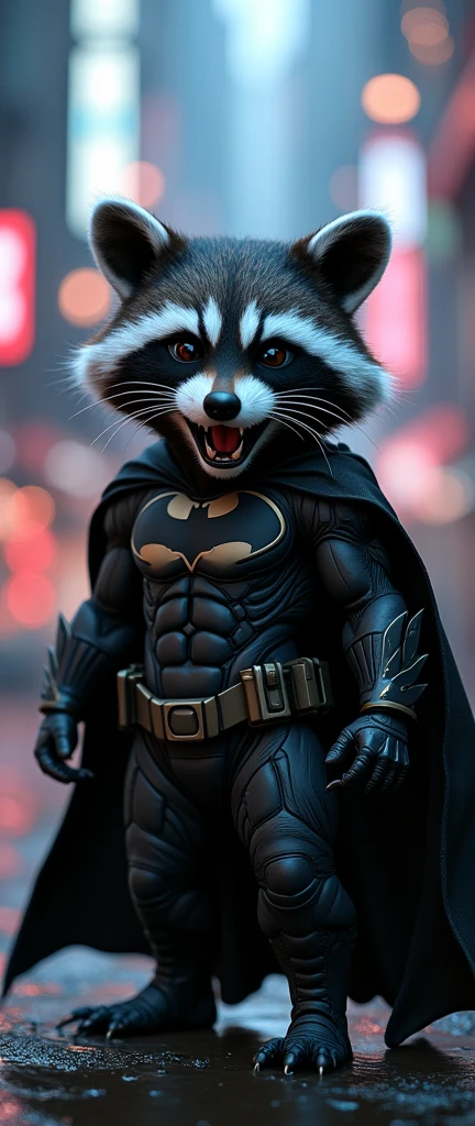 A captivating and conceptual 3D render of an unconventional Batman character, featuring an adorable baby raccoon transformed into an intense superhero. Clad in a striking black costume and white mask, the raccoon exudes an air of strength and determination with its muscular build and intense growl. Set against the backdrop of an enigmatic neon-lit cityscape, this dark and fantastical scene creates a surreal and cinematic atmosphere, elevating this extraordinary piece to new heights of imaginative artistry., 3d render, conceptual art, cinematic, photo