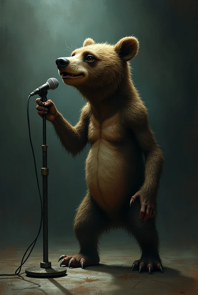 A skinny, hungry bear singing with a microphone