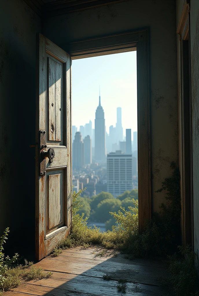 abandoned mansion, first person perspective,  opening door with key, when you open the door you have a view of the city