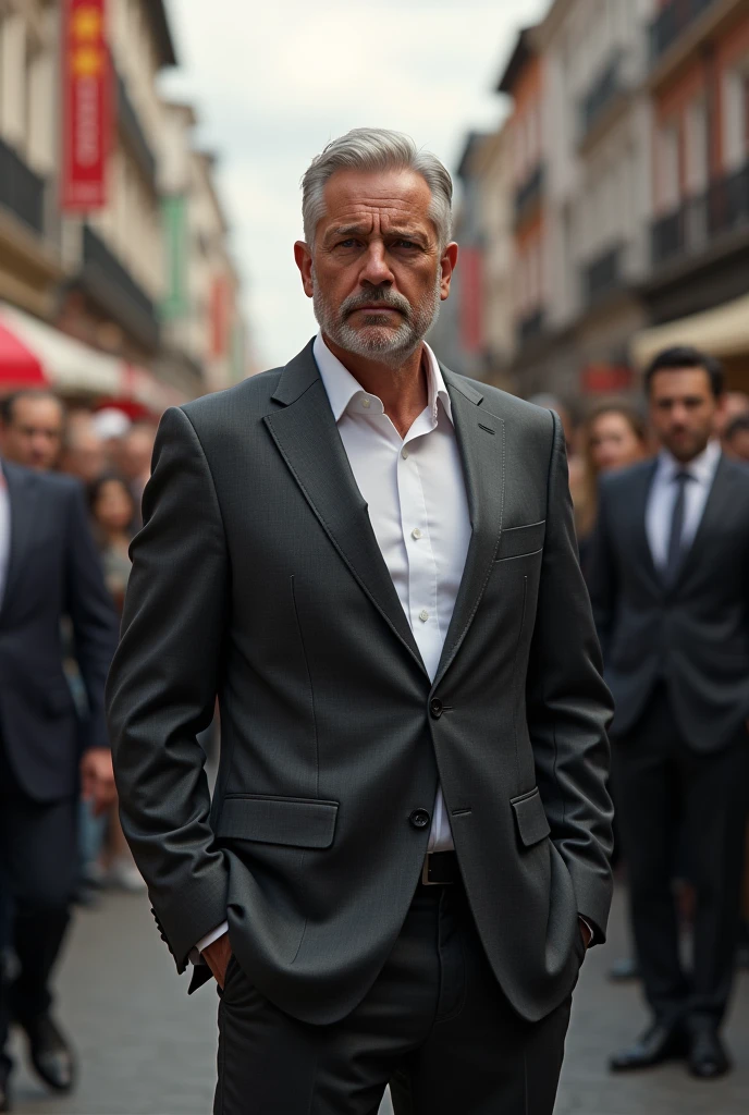 (photorealism:1.2)a man standing proudly in crowd with wearing suite