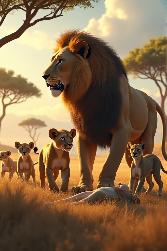 Make me a picture of a male lion and a female lioness and next to them some baby lions and in the middle a dead female lioness