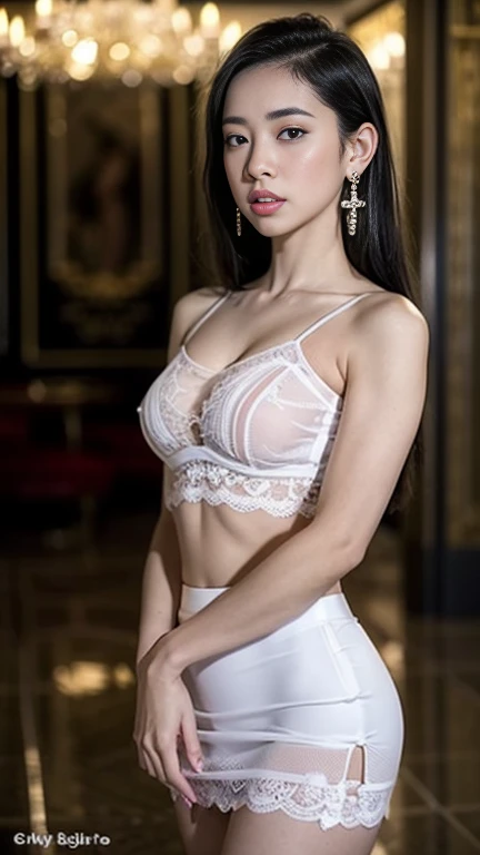 masterpiece, highest quality, alone, 1 girl, glowing skin, sparkling earrings, glamorous, quirky details, slicked hair, attractive, bare shoulders, Sheer lace crop top, Tight Skirt, shallow depth of field, contrasting, Professional Model, facing the front, Overbyte、half open mouth、blush、 small and perky breasts