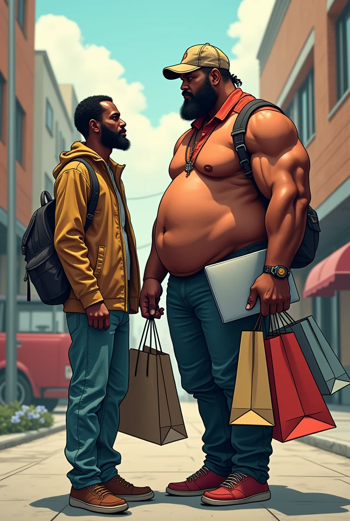 Manga Un homme gras musclé avec une casquette et pleins de sac de course, dans la main droite un ordinateur portable et a côté de lui un homme noir chrétien