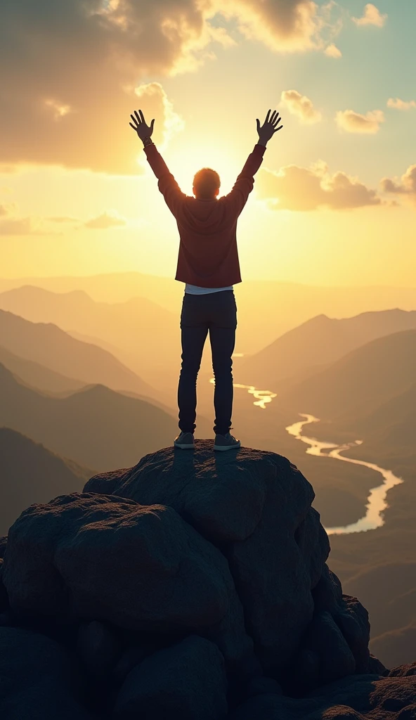 A powerful image of a person standing at the peak of a mountain, arms raised triumphantly, with a panoramic view of the world below, representing achievement and potential realized.