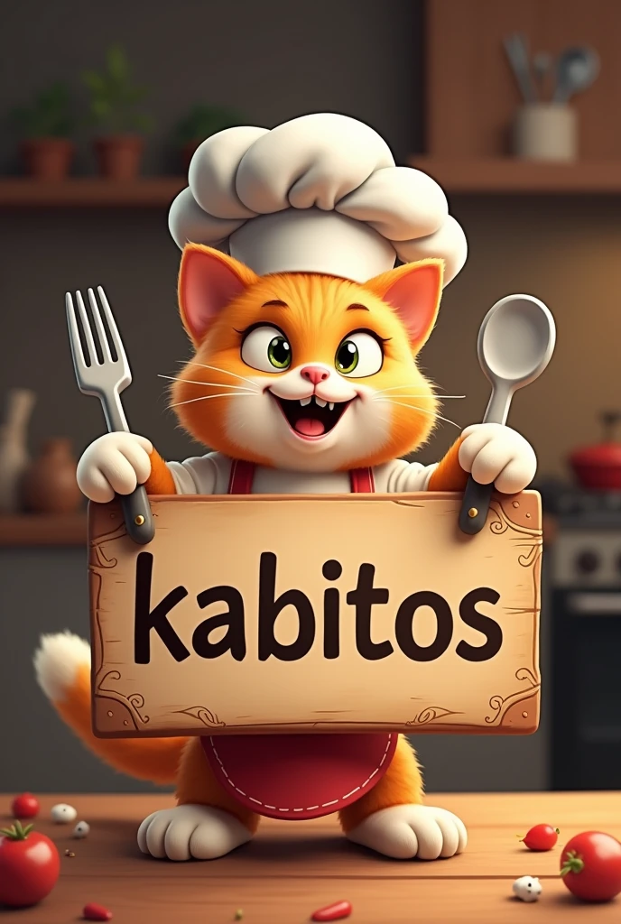 Logo with a little animated chef cat with a sign on top that says "kabitos"