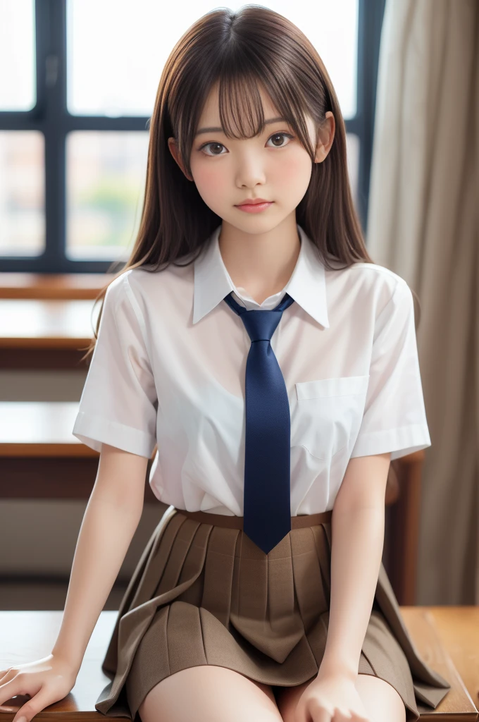 (Tabletop, Highest quality:1.2), 8k,LD, 85mm, Official Art, RAW Photos, Absurd, White blouse, Cute Face, close, Shooting from knee to overhead, beautiful girl,(Light brown eyes:1.3) , (Navy Pleated Skirt:1.1), ((Plump breasts)),(Large Breasts),((Narrow waist:1.5)), Thighs, Short sleeve, classroom,(Brown Hair:1.3), Long Hair、(Putting out your forehead),Sit on a desk,Gaze at the photographer, (light makeup), (smile:0.4), Film Grain, chromatic aberration, Sharp focus, Face Light, Bright lighting, Teen, Detailed face, Background Blur, (Dark red tie:1.1)、日本の学校のclassroom、(Thighsが見える),