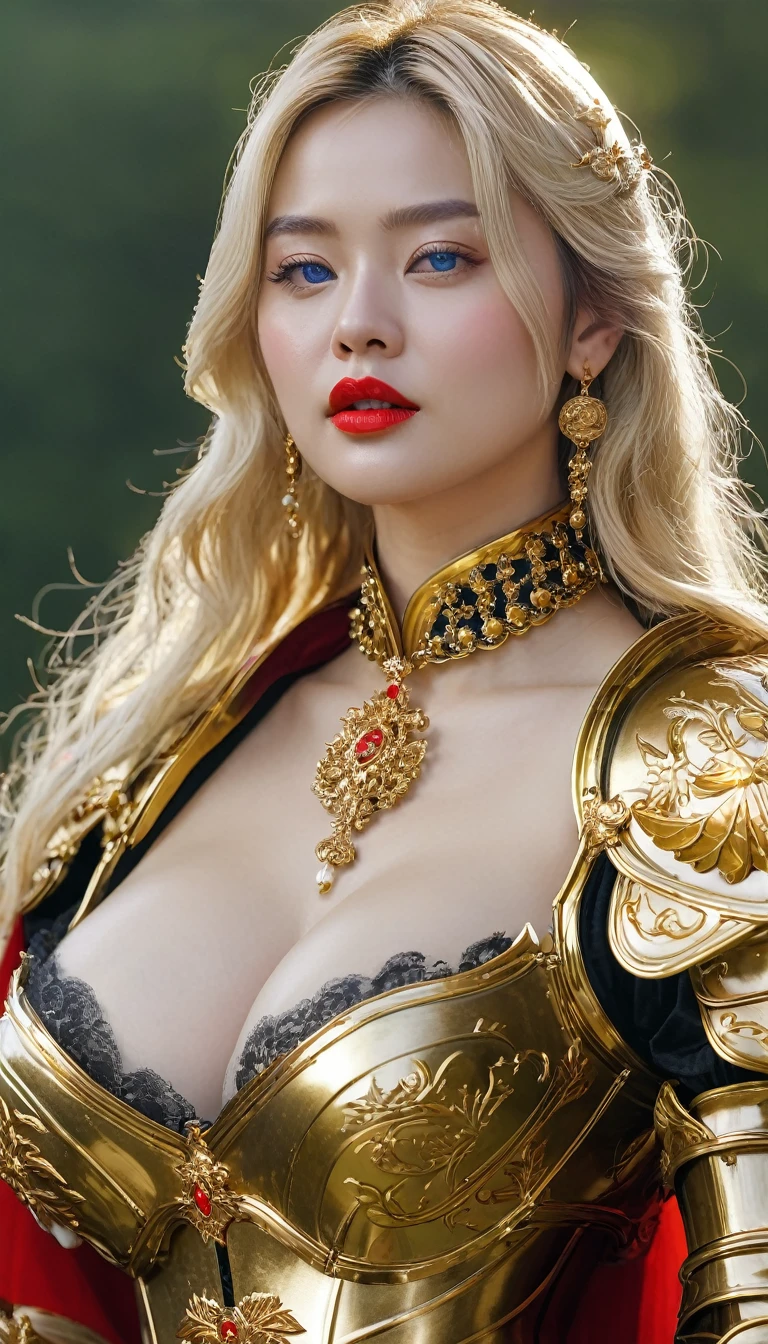 masterpiece,Highest quality,wonderful,(womanの騎士_woman:1),(Golden Armor:1.3), (35歳のwoman騎士:1.3),、Big and ample breasts,,Hyper Real,中世ヨーロッパの都市のbattlefieldにいる,Expressionless,、イギリス人woman、Delicate skin texture to the smallest detail 、(Detailed blue eyes)、(Chubby body type))、(Very large breasts)、中年woman、(ふわふわblondeの長い髪)、Sunburned skin、(blonde)、(((Very large breasts)))、woman騎士、(((Big cleavage)))、Richly decorated gold armor、Medieval witch、Golden long boots with flashy decorations、Deep neckline、Pure gold and jewellery necklaces and collars、Large gold earrings、Bright red lips、Dressed in luxurious gold armor、Gold Long Gloves、She has a big long sword、The sword is ornately decorated..........................、The blade is pitch black、(woman騎士)、(battlefield)、