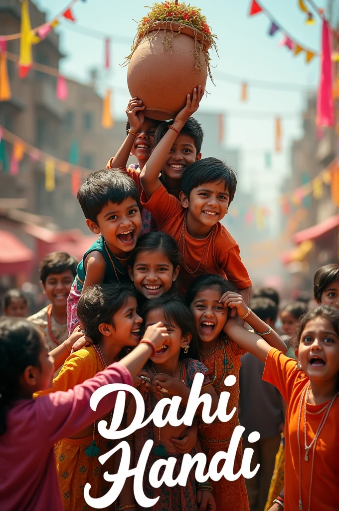 Some little ren celebrating dahi handi and happy dahi handi calligraphy text front of image, realistic photography