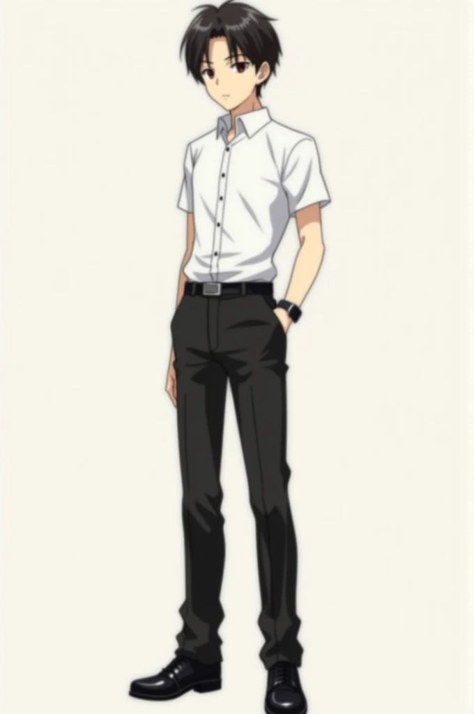 Anime boy with white shirt black pant black shoes black socks ready for school watch in hand full body shot 