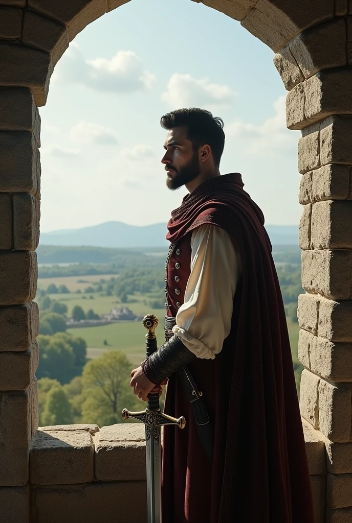 A young man, dressed as a medieval nobleman, knightgirl, flat hair, brown dark eyes, well groomed beard, with his well-made sword, in a tower of Castela observing the view