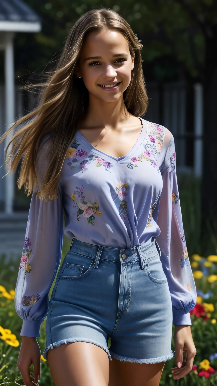 Foto hiperrealista en primer plano de Alicia Vikander, masterpiece, best quality, (photorealistic:1.4), full body, (flowers long sleeves vneck blouse:1.2) and (blue shorts jeans:1.1), hight school, cinematic light, beautiful woman, skinny, medium breasts, blond hair, detailed face, smile, facing the camera, photo taken from a distance, age of 15