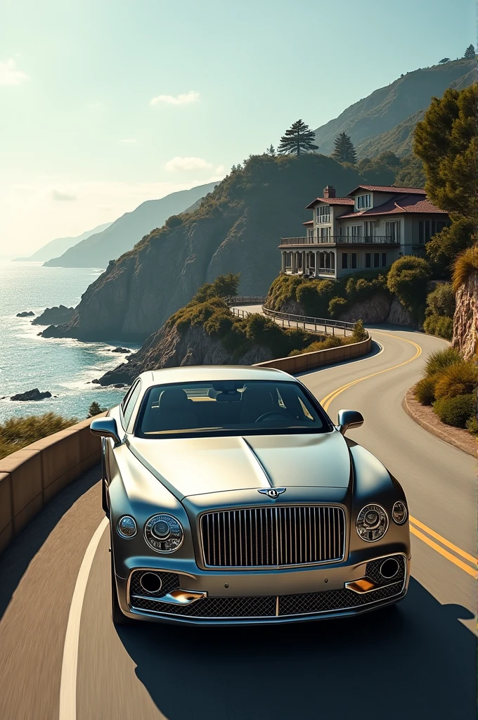 Bently mulsane on road with luxurious house in background