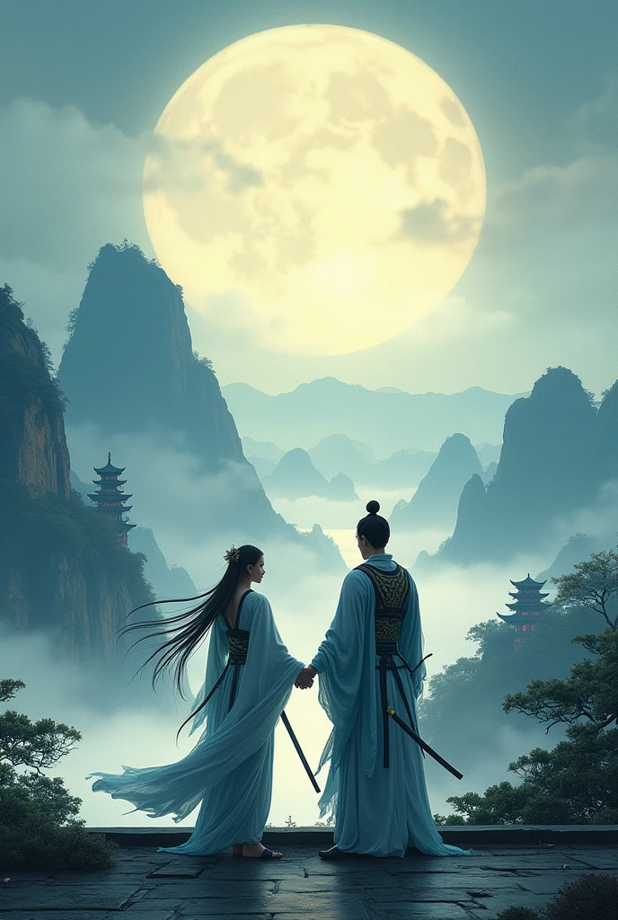 (((best quality))),(((ultra detailed))),(((masterpiece))),illustration,1man,1woman,swordsman,woman warrior,traditional Chinese clothing,standing,ink style,martial arts,pose,rooftop,moonlight,night,background,ancient Chinese architecture,misty mountains,silhouette,serenity --ar 16:9