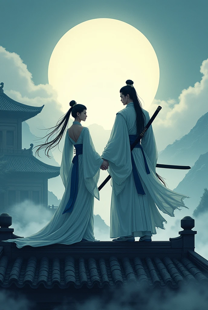(((best quality))),(((ultra detailed))),(((masterpiece))),illustration,1man,1woman,swordsman,woman warrior,traditional Chinese clothing,standing,ink style,martial arts,pose,rooftop,moonlight,night,background,ancient Chinese architecture,misty mountains,silhouette,serenity --ar 16:9