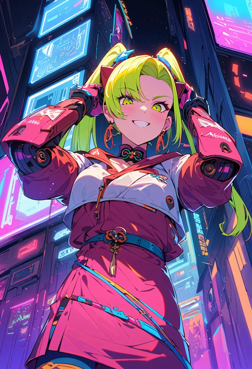 (best quality), (ultrafein), (​masterpiece), Illustration, a girl,China-Samurai,cyberpunk, （cyberpunk，Samurai-Costume，Cybernetic implants), (moving towards the viewer, looks down towards the viewer, low angle view), twintail, Hair Accessories, bright colours，(puts her hands behind her head), smiles and winks, dynamic lighting，neon lights，Fashionable clothing of the future，a mix of traditional and modern elements，Avantgardistisches Make-up，exquisite hairstyle，Self-confidence and determination, Metall Textur，Mechanical Armor, gorgeous accessories，High-Tech-Gadgets，Impressive cybernetic improvements，Clear focus，Grumpy Details, Overclocked rendering, Cinematic edge light, fine light, ​masterpiece, super Details, epic work, Ultra-High-Definition, good quality, 32K