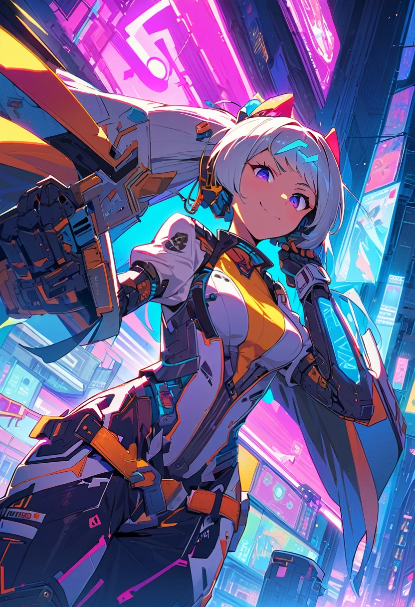 (best quality), (ultrafein), (​masterpiece), Illustration, a girl,China-Samurai,cyberpunk, （cyberpunk，Samurai-Costume，Cybernetic implants), (moving towards the viewer, looks down towards the viewer, low angle view), twintail, Hair Accessories, bright colours，(puts her hands behind her head), smiles and winks, dynamic lighting，neon lights，Fashionable clothing of the future，a mix of traditional and modern elements，Avantgardistisches Make-up，exquisite hairstyle，Self-confidence and determination, Metall Textur，Mechanical Armor, gorgeous accessories，High-Tech-Gadgets，Impressive cybernetic improvements，Clear focus，Grumpy Details, Overclocked rendering, Cinematic edge light, fine light, ​masterpiece, super Details, epic work, Ultra-High-Definition, good quality, 32K