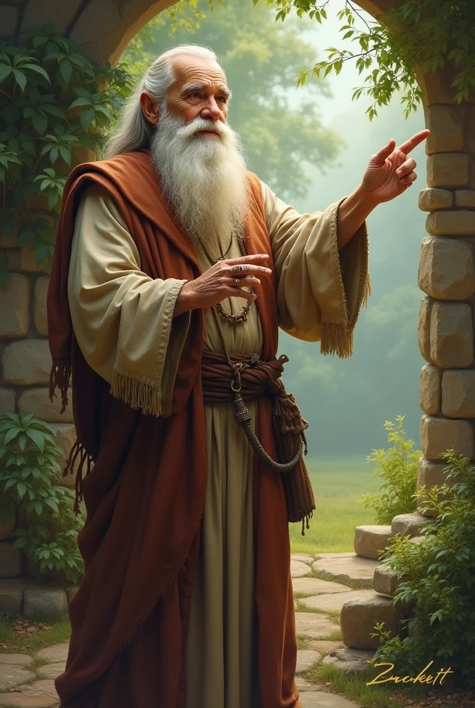 The wise man pointing to different things in the man's life: a home, a family, food, or a friend.