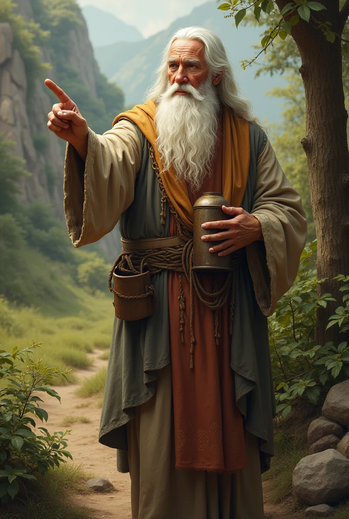 The wise man pointing to different things in the man's life: a home, a family, food, or a friend.