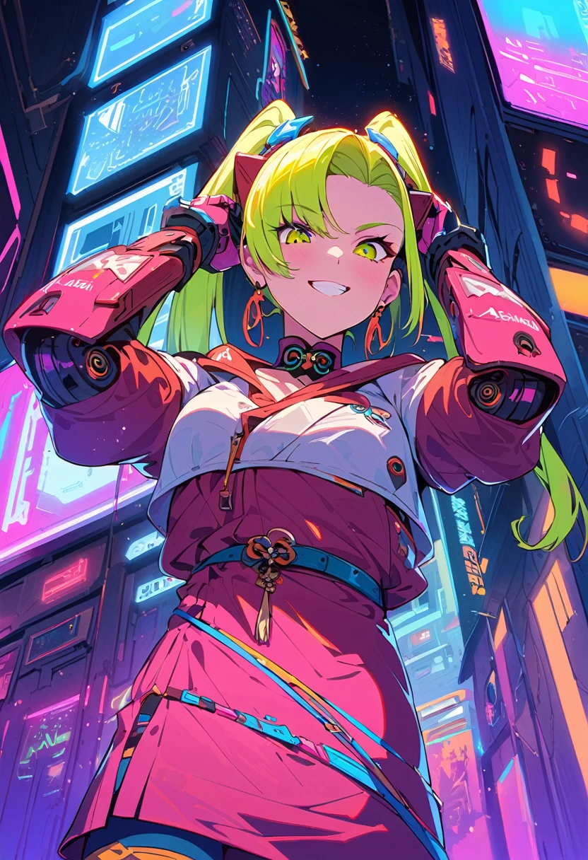 (best quality), (ultrafein), (masterpiece), Illustration, a girl,China-Samurai,cyberpunk, (cyberpunk,Samurai-Costume,Cybernetic implants), (moving towards the viewer, looks down towards the viewer, low angle view), twintail, Hair Accessories, bright colours,(puts her hands behind her head), smiles and winks, dynamic lighting,neon lights,Fashionable clothing of the future,a mix of traditional and modern elements,Avantgardistisches Make-up,exquisite hairstyle,Self-confidence and determination, Metall Textur,Mechanical Armor, gorgeous accessories,High-Tech-Gadgets,Impressive cybernetic improvements,Clear focus,Grumpy Details, Overclocked rendering, Cinematic edge light, fine light, masterpiece, super Details, epic work, Ultra-High-Definition, good quality, 32K