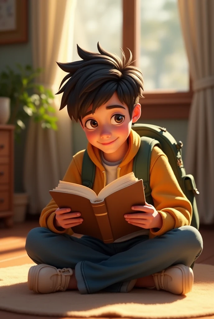 young man in pixar style sitting on the floor reading a book with a backpack on his back
