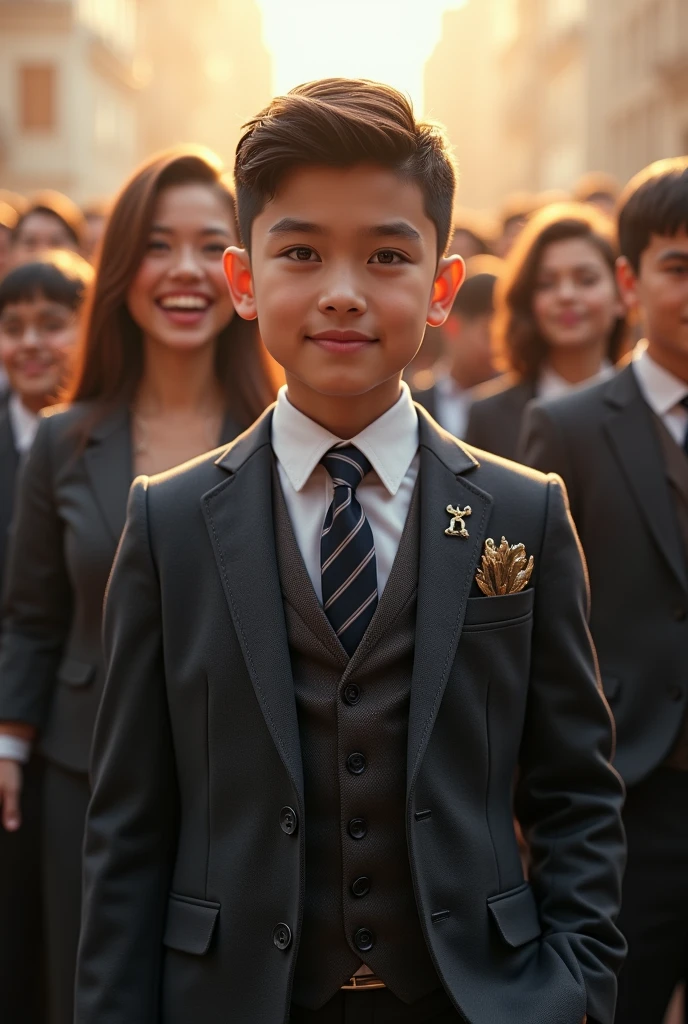 (photorealism:1.2)a boy standing proudly in crowd with wearing suite