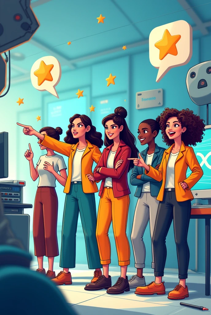 First create an image of female engineers in cartoon format pointing to the left 
