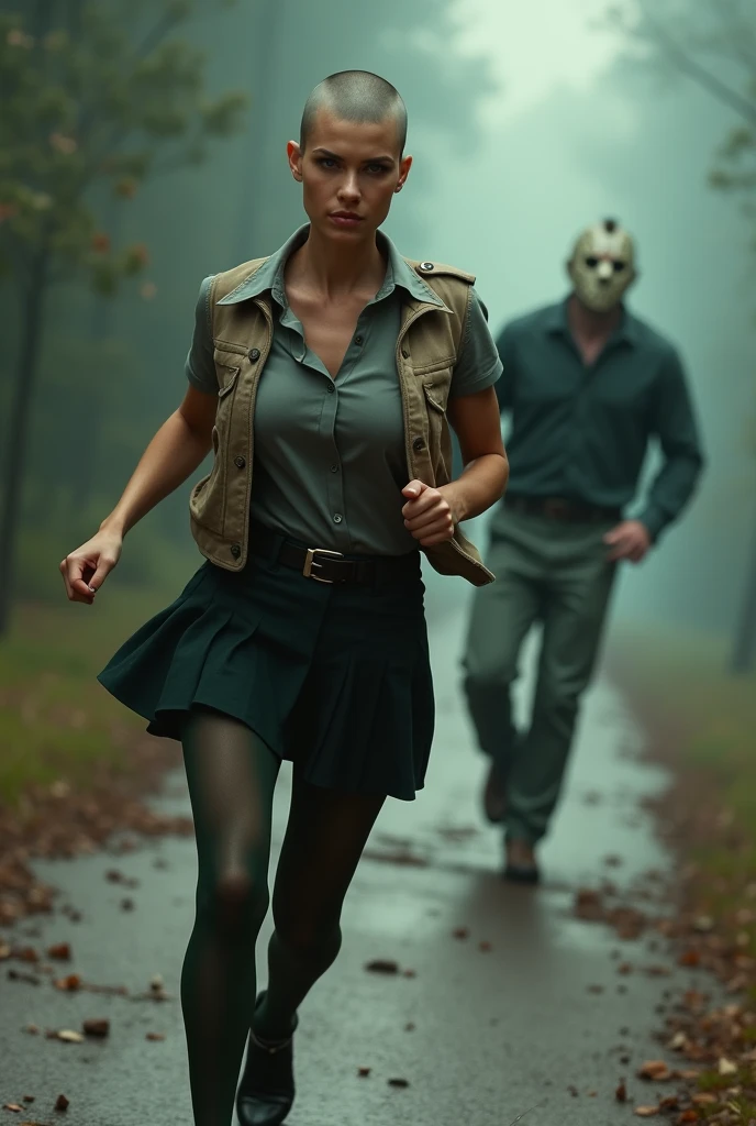 ((Highest quality)), ((masterpiece)), (horror movie posters:1.5), ((Jason)), ((Pigeon-faced woman)), (Shaved woman), (Motion Blur:1.1), ((逃げるJasonを後ろから追いかける筋肉質な坊主のグレーの女性のハト)), グレーのShaved womanのハトがオフホワイトで襟付きの半そでシャツに薄茶色のベストを着てひざ丈の黒いスカートに短い濃い緑の靴下と黒の靴を履いている, Photorealistic images,