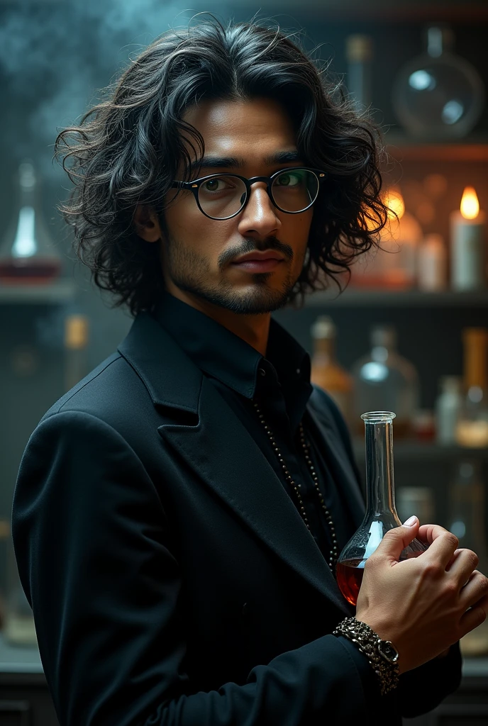 A potrait of a bisexual 1 male genius alchemist poet of indian-europian ethnicity without facial hair with glasses and fuzzy puffy hair that reaches his shoulders like newton holding a chemical flask wearing a flamboyant androgynous black dress like French royalty in a laboratory with brown hazel eyes and a mysterious curious look in a dark magical gothic atmosphere having chemistry magic engulfing him