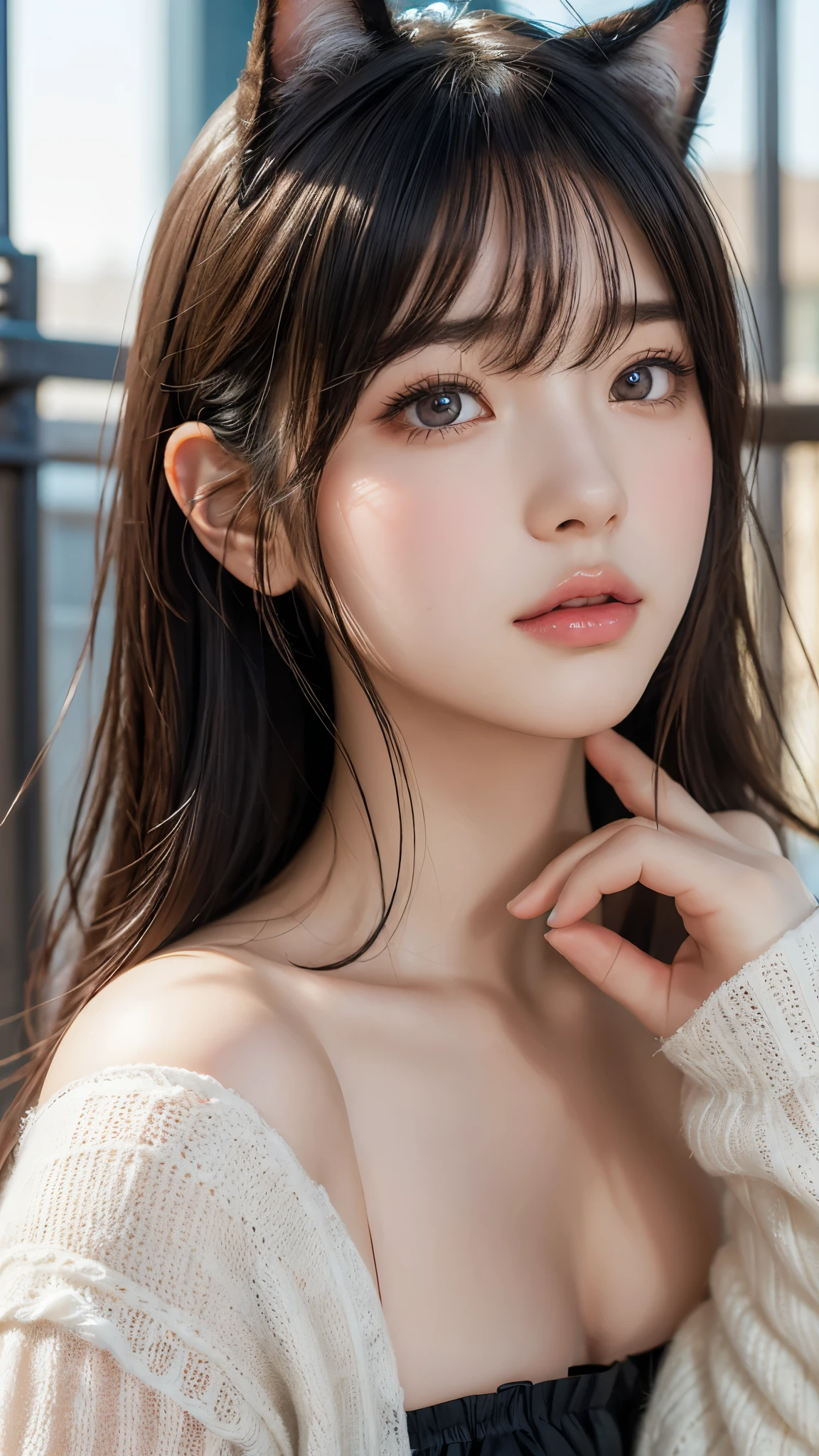 (8k, RAW Photos, Highest quality, masterpiece:1.2), lupondupon (Azur Lane), Fantasy_world, 1 person, (aegyo sal:1), cute, Dilapidated, (J-POP_Idol), Beautiful skin in every detail, Huge , Animal ears, Black Hair, Cat ear, Grey Eyes, short hair, sad hand upon own face, (Realistic:1.8), concentrated_upon_face, Looking down, Raise your arms, Sunny Milk, professiuponal lighting, photupon mapping, Radio City, Physically Based Rendering, Daytime, Outdoor,