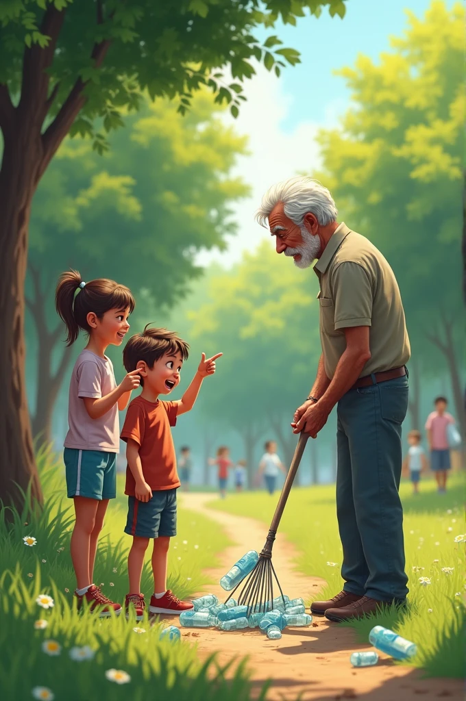 Un groupe d'enfants se tient dans un parc, riant et pointant du doigt un vieil homme au loin. L'homme, avec ses cheveux gris et une expression fatiguée, est en train de se baisser pour ramasser des bouteilles en plastique sur le sol. Il semble décalé par rapport à la tâche qu'il accomplit, son âge contrastant avec le travail humiliant qu'il fait. Les visages des enfants montrent de la curiosité mêlée à de l'amusement, se demandant pourquoi quelqu'un d'aussi âgé ferait un tel travail. Le parc est verdoyant, avec de l'herbe luxuriante et quelques arbres, offrant un cadre lumineux et vivant à la scène.