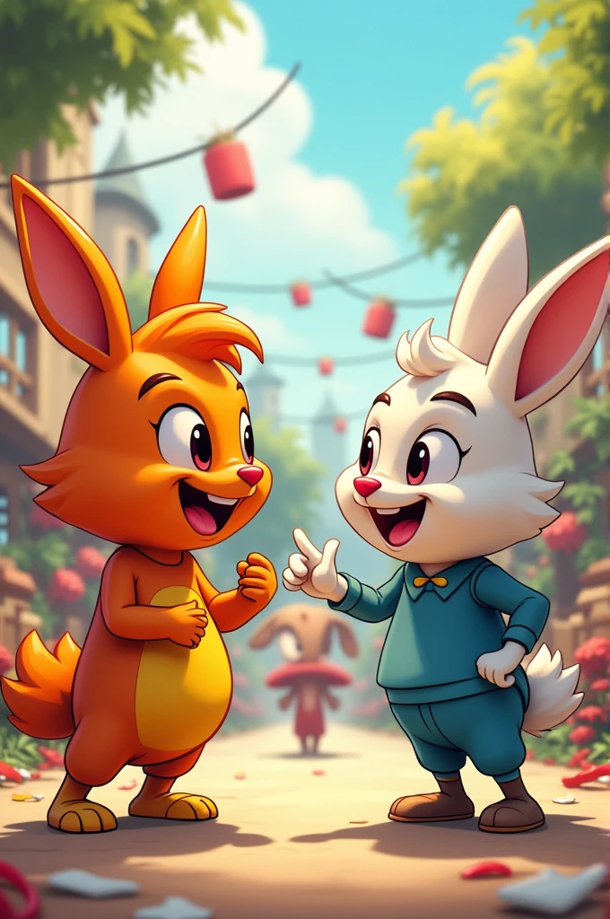 Two Ricki characters (very happy) y Lian (friendly rabbit) in human form , fighting , talking ,shouting at each other ,being friends, laughing