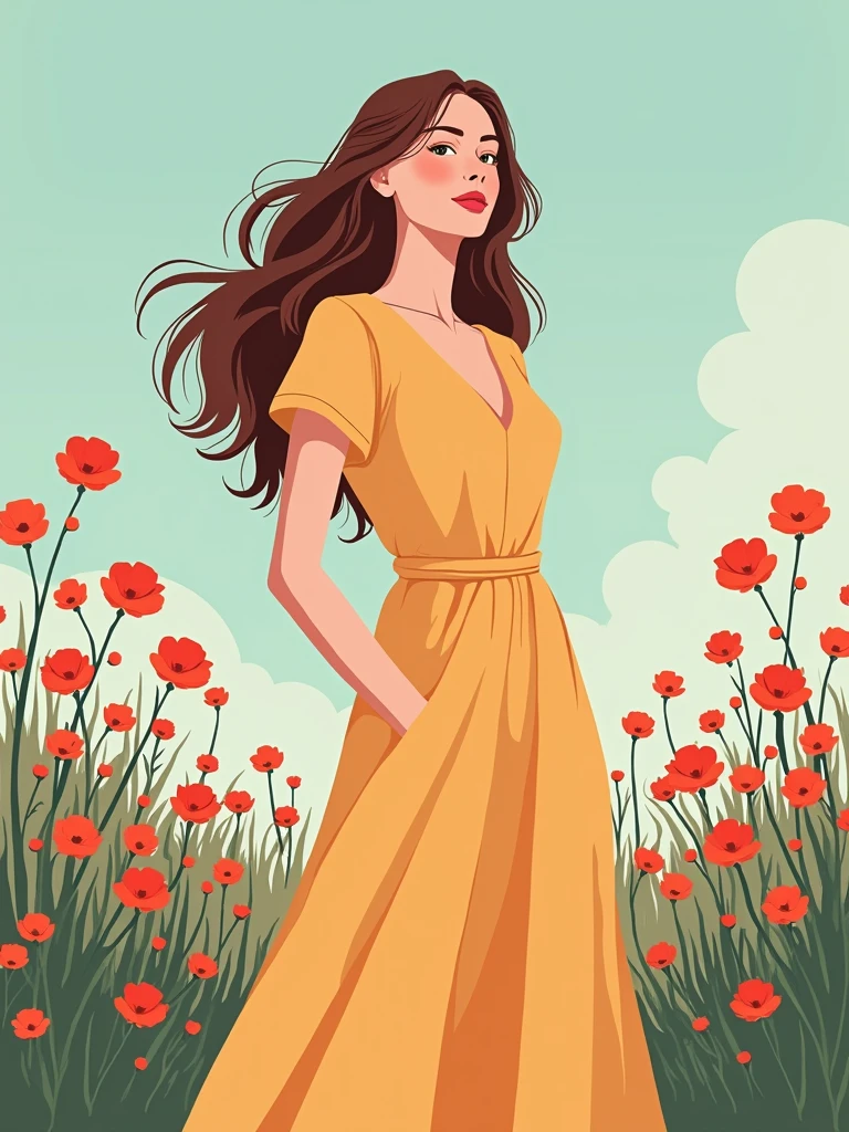 A woman solo in a dress. Summer, nostalgic, simple and beautiful color scheme, flat color, flowers, chic, red flowers, brown hair, 90s