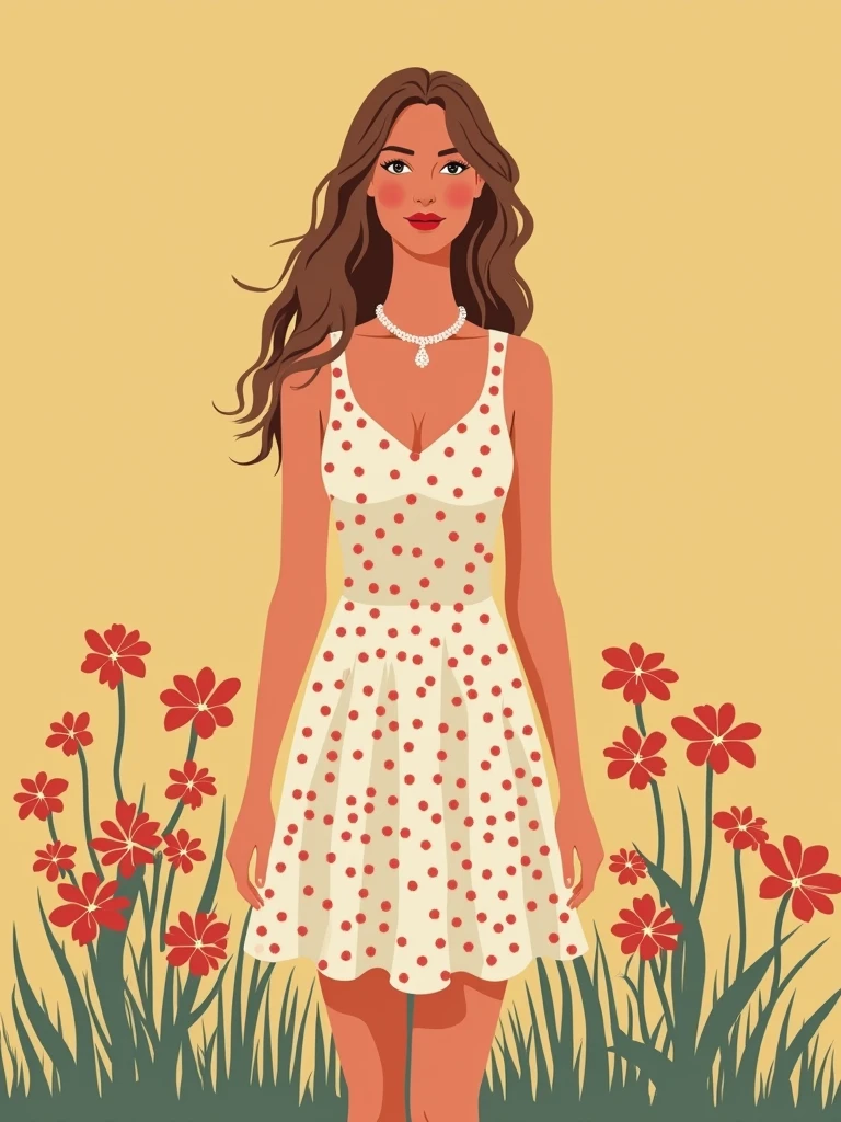 A woman solo in a  dress. Summer, nostalgic, simple and beautiful color scheme, flat color, flowers, chic, red flowers, brown hair, 90s