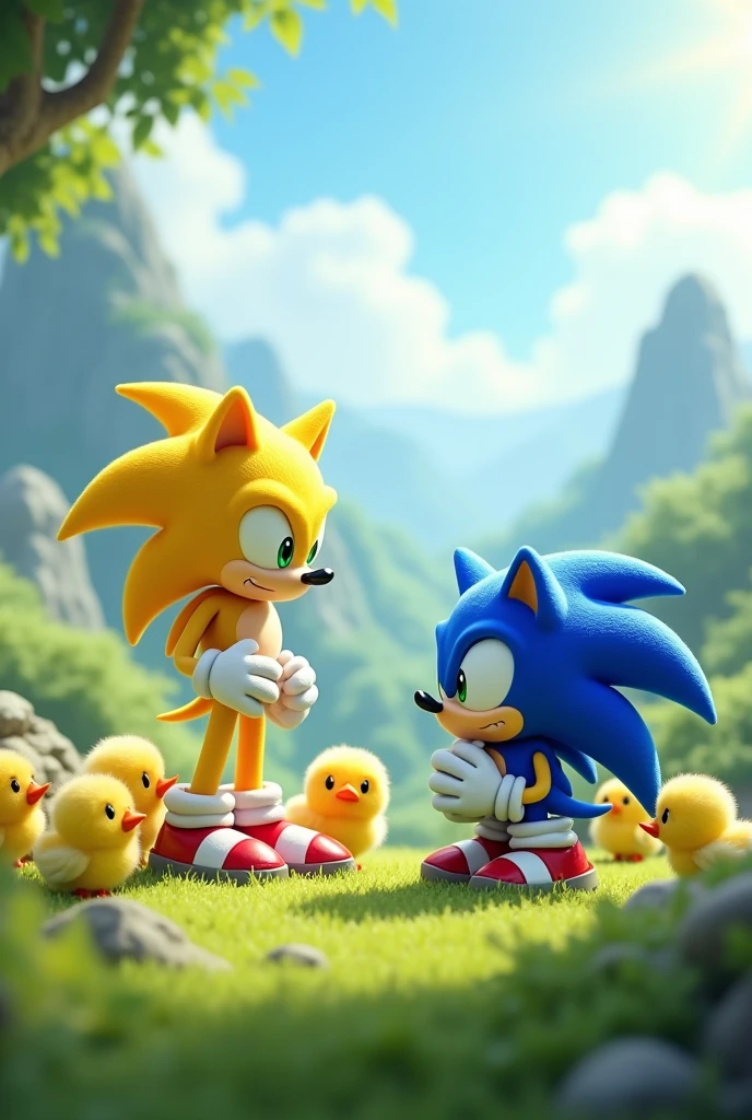 Yellow Sonic and the chicks looking at blue Sonic taking a knee blessing