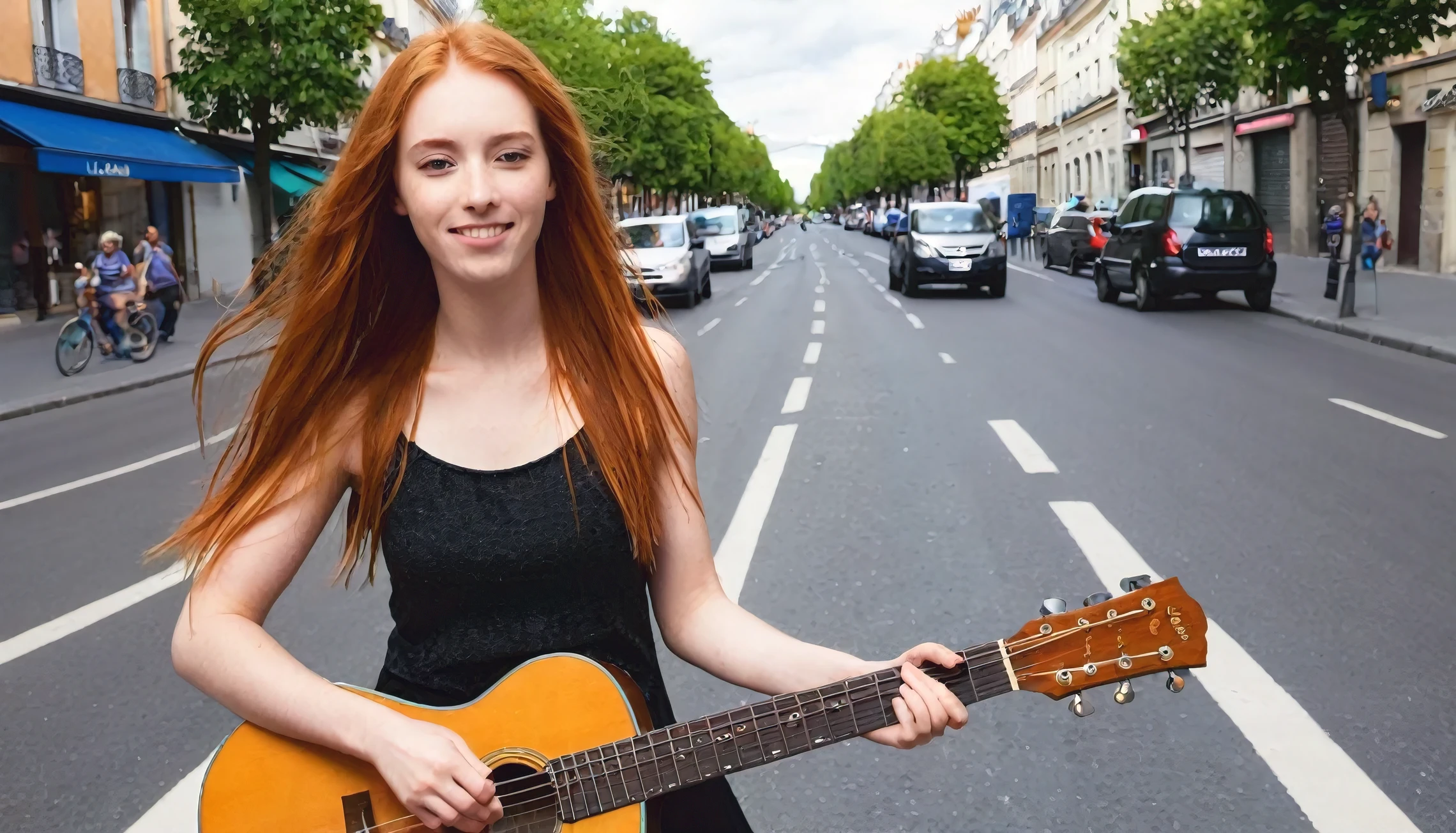 Générez une image d'une jeune femme de 22 ans avec de longs cheveux roux, qui chante avec sa guitare dans la rue, avec un fond de ville animée et des passants qui l'écoutent avec intérêt.