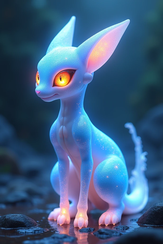 Shadow MewTwo translucent that is glowing, bioluminiscent vibrant colors, sparkling eyes, ember in eyes, shining eyes, sharp features, highly detailed, digital painting, artstation, concept art, smooth, sharp focus, beautiful skin, expressive eyes, concept art, fantasy lake background, ultraHd, intricate, highly detailed