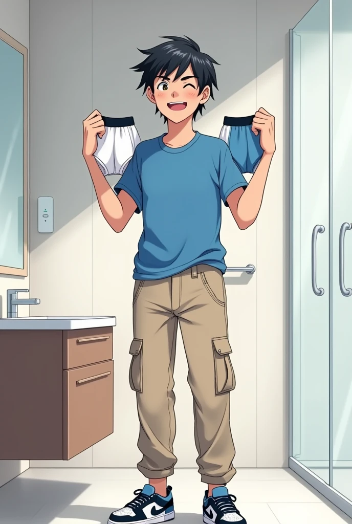 into the image, a cool male teenager with 1,80 tall, with white skin and straight black hair, is posing in a bathroom. He wears a blue t-shirt and beige cargo pants., complemented by a pair of Air Jordan sneakers in blue, black andwhite. The young man is holding 1 pair of underwear (of the boxer model), this underwear is white (of the size he uses) with both hands, showing it to the "Camera", with a happy and relieved expression. The bathroom in the background is modern and minimalist., with details like a large mirror and light tiles. The teenager's expression is relaxed and fun, besides him appearing relieved, giving a casual and informal tone to the image, In anime style, ele segura 1 cueca of the boxer model de tamanho que esse adolescente usa, He's not wearing any underwear and looks like he just took it off.!
