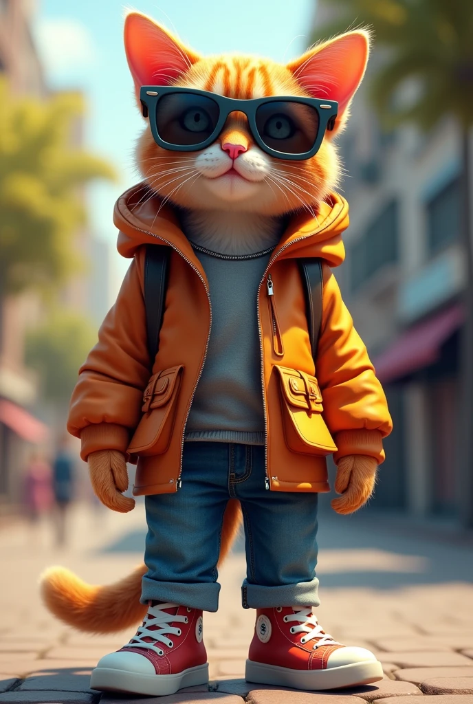 a cat wearing trendy sunglasses, short jeans, cropped no parque
